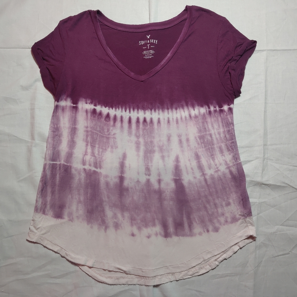 American Eagle Shirt Women's Small Purple Tie Dye Top V-Neck Short Sleeve Tee